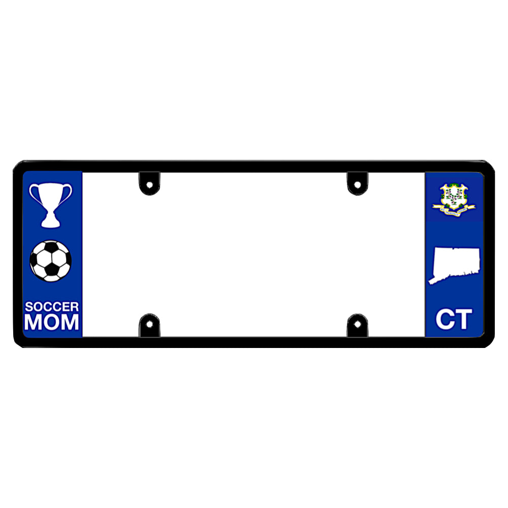 Connecticut soccer academy official license plate frame featuring a white trophy and soccer ball graphic above white Soccer Mom lettering on the left blue panel, and a Connecticut state flag above a white state map outline and CT lettering on the right blue panel