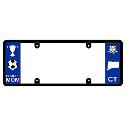 Connecticut soccer academy official license plate frame featuring a white trophy and soccer ball graphic above white Soccer Mom lettering on the left blue panel, and a Connecticut state flag above a white state map outline and CT lettering on the right blue panel