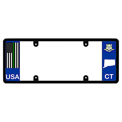 Connecticut military official license plate frame featuring a vertical thin green line American flag above white USA lettering on the left blue panel, and a Connecticut state flag above a white state map outline and CT lettering on the right blue panel.