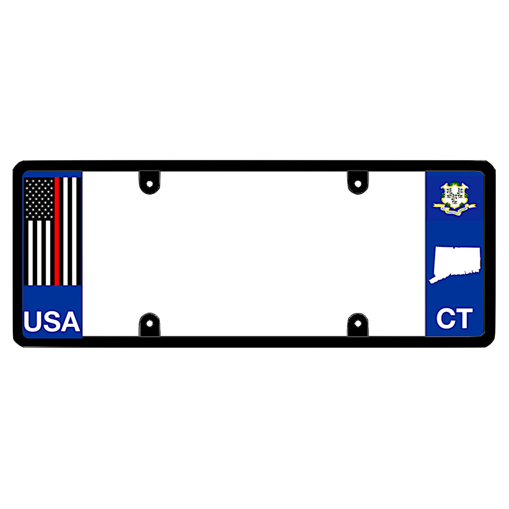 Connecticut firefighters official license plate frame featuring a vertical thin red line American flag above white USA lettering on the left blue panel, and a Connecticut state flag above a white state map outline and CT lettering on the right blue panel