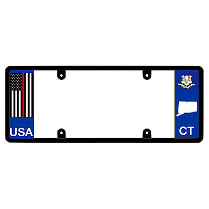 Connecticut firefighters official license plate frame featuring a vertical thin red line American flag above white USA lettering on the left blue panel, and a Connecticut state flag above a white state map outline and CT lettering on the right blue panel