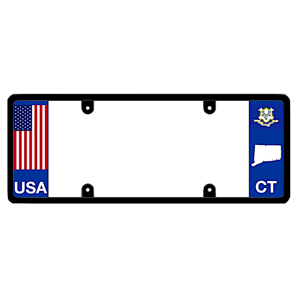 Connecticut license plate frame patented featuring a traditional red, white, and blue American flag above white USA lettering on the left blue panel, and a Connecticut state flag above a white state map outline and CT lettering on the right blue panel. This is DFS the official license frame of America