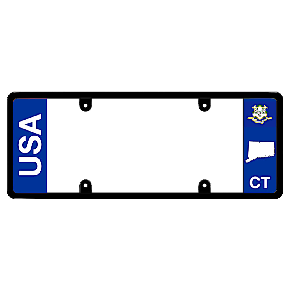 Connecticut official license plate frame featuring vertical white USA lettering on a solid blue panel on the left, and a Connecticut state flag above a white map shape and CT lettering on the right. This is to drive your identity