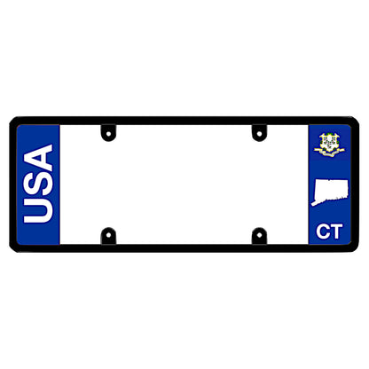 Connecticut official license plate frame featuring vertical white USA lettering on a solid blue panel on the left, and a Connecticut state flag above a white map shape and CT lettering on the right. This is to drive your identity
