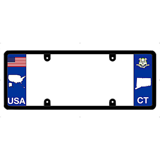 CT official license plate frame with USA and Connecticut (CT) designs on a white background