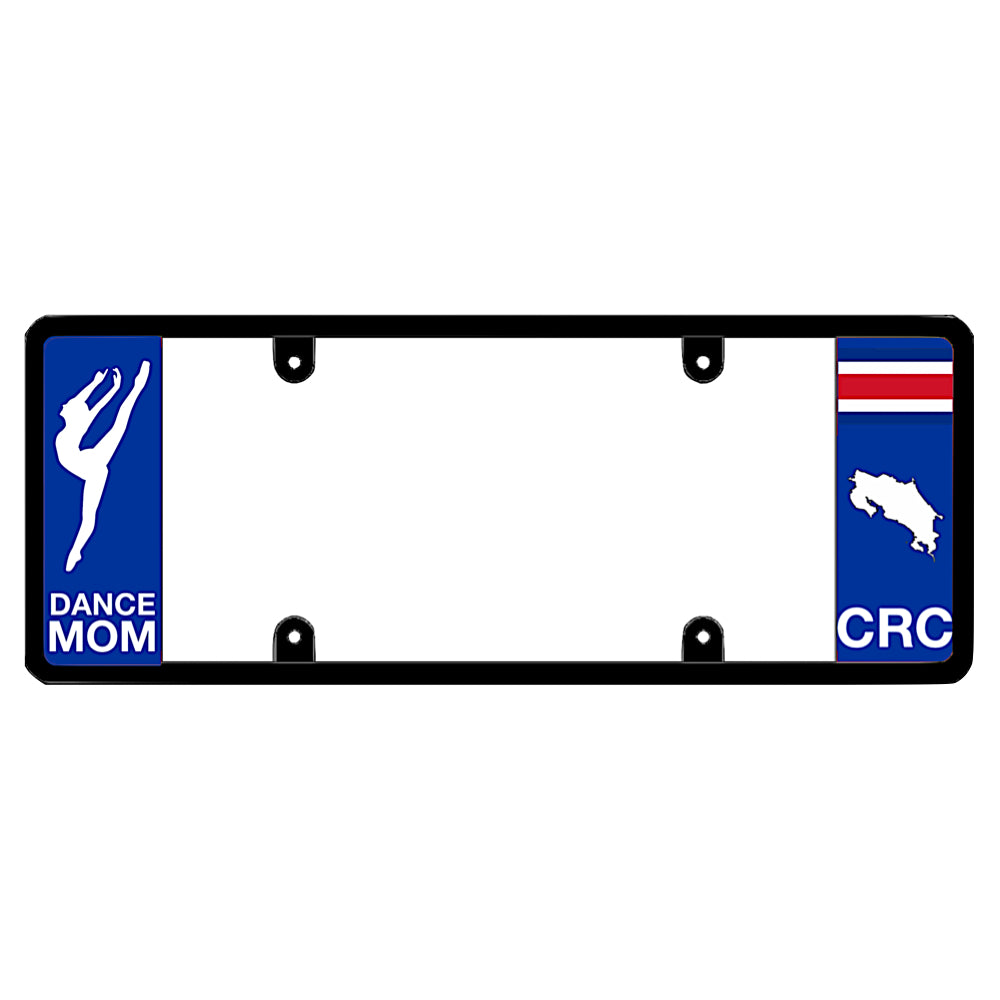Costa Rica dance mom license plate frame cover by DFS, the official license frame of America. Drive your identity with car exterior accessories featuring a custom blue panel with a white dancer silhouette graphic and CRC flag map design.