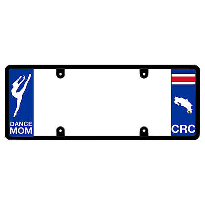Costa Rica dance mom license plate frame cover by DFS, the official license frame of America. Drive your identity with car exterior accessories featuring a custom blue panel with a white dancer silhouette graphic and CRC flag map design.