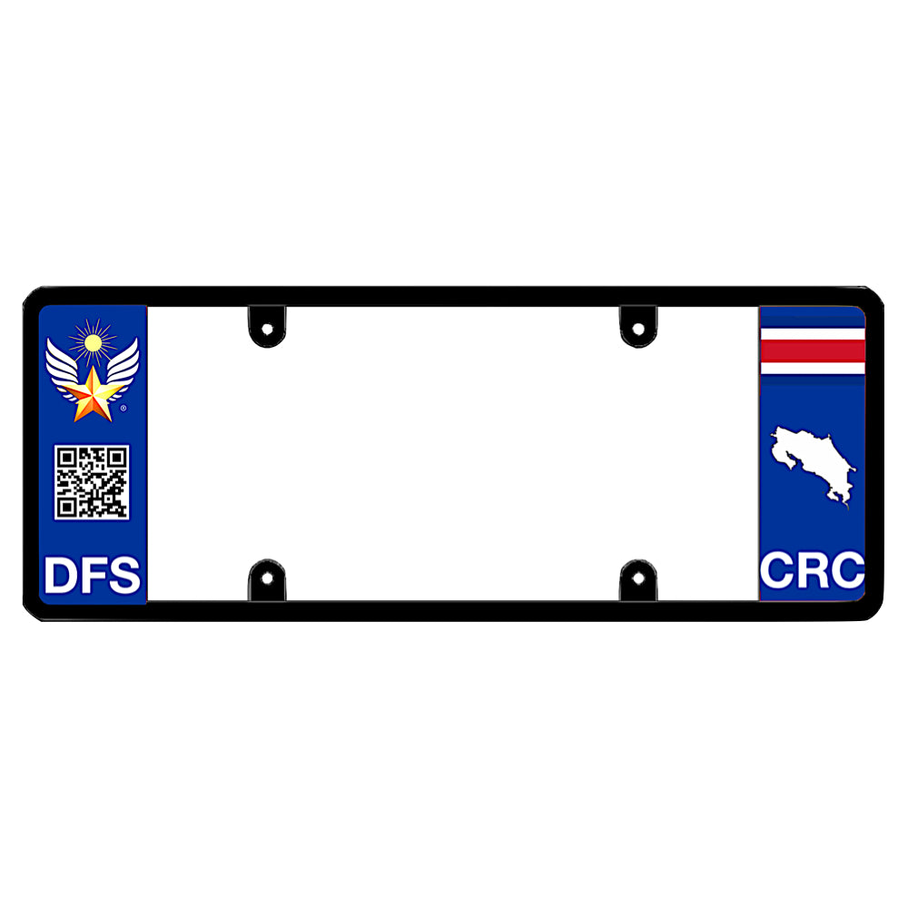 Costa Rica custom license plate frame mount by DFS, the official license frame of America. Drive your identity with this vehicle trim featuring DFS crest, scannable QR code design, and CRC country flag map graphic.
