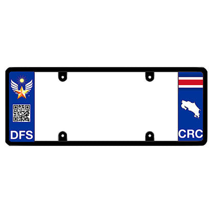 Costa Rica custom license plate frame mount by DFS, the official license frame of America. Drive your identity with this vehicle trim featuring DFS crest, scannable QR code design, and CRC country flag map graphic.

