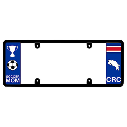 Costa Rica soccer mom license plate frame holder by DFS, the official license frame of America. Drive your identity with a custom blue vehicle tag featuring a white championship trophy, football graphic, and CRC country flag map design.