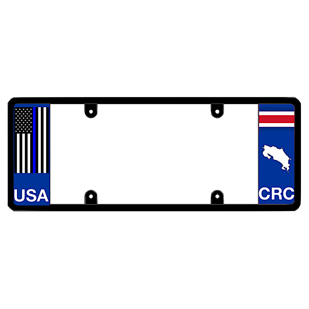 Costa Rica thin blue line license plate frame cover by DFS, the official license frame of America. Drive your identity with police and law enforcement support auto accessories featuring a blue line American flag design and CRC country graphic.