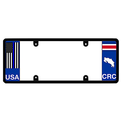 Costa Rica thin blue line license plate frame cover by DFS, the official license frame of America. Drive your identity with police and law enforcement support auto accessories featuring a blue line American flag design and CRC country graphic.