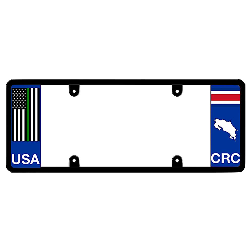 Costa Rica thin green line license plate frame mount by DFS, the official license frame of America. Drive your identity with military and federal agent support auto gear featuring a tactical green line flag decal and CRC country styling.
