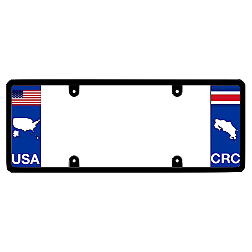 Costa Rica USA map license plate frame holder by DFS, the official license frame of America. Drive your identity with a patriotic vehicle tag featuring a miniature United States flag, a white USA country silhouette, and a blue CRC flag map panel.