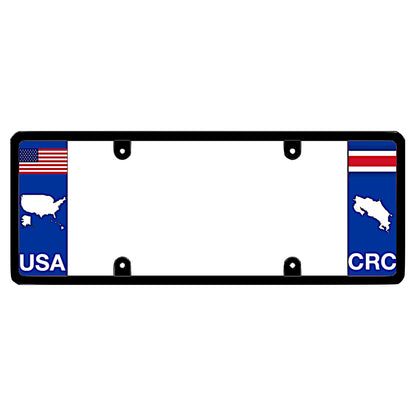 Costa Rica USA map license plate frame holder by DFS, the official license frame of America. Drive your identity with a patriotic vehicle tag featuring a miniature United States flag, a white USA country silhouette, and a blue CRC flag map panel.