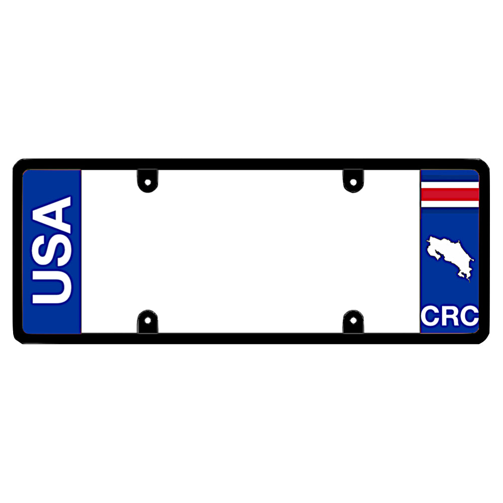 Costa Rica USA text license plate frame holder by DFS the official license frame of America. Drive your identity with this clean dual-identity automotive accessory featuring bold USA lettering alongside a blue CRC country flag and map graphic.