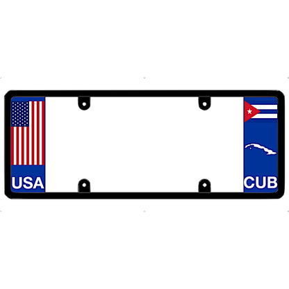 Cuba license plate frame with American and Cuban flags on a white background