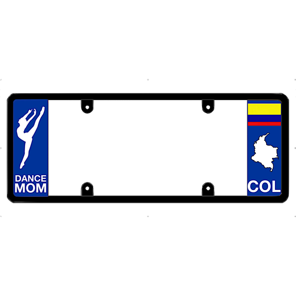 License plate frame with 'Dance Mom' and Colombian flag design on a white background