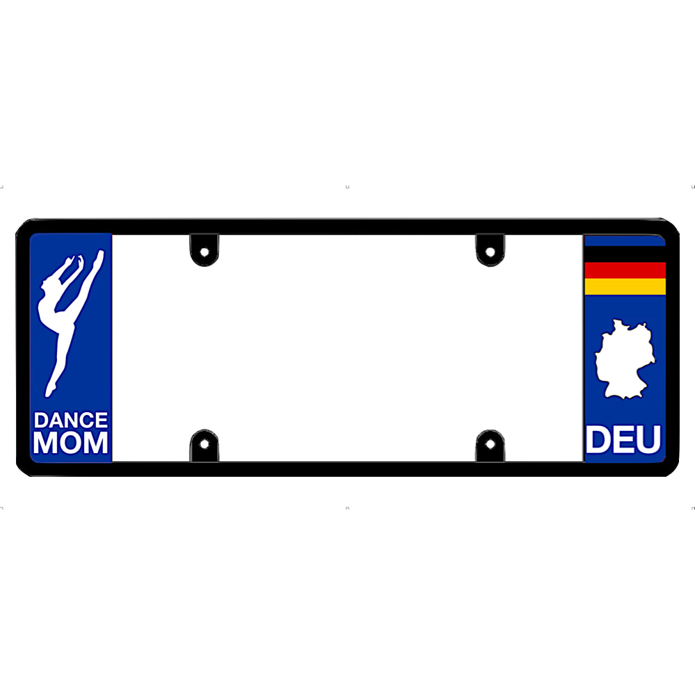 License plate frame with 'Dance Mom' and German flag design on a white background