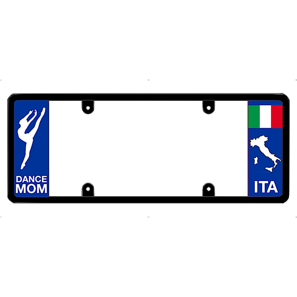License plate frame with 'Dance Mom' and Italian flag design on a white background