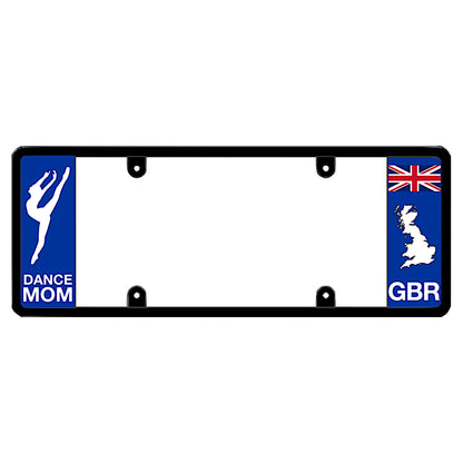 Black license plate frame featuring a white dancer silhouette above white Dance Mom lettering on the left blue panel, and a British Union Jack flag above a white United Kingdom map outline and GBR lettering on the right blue panel