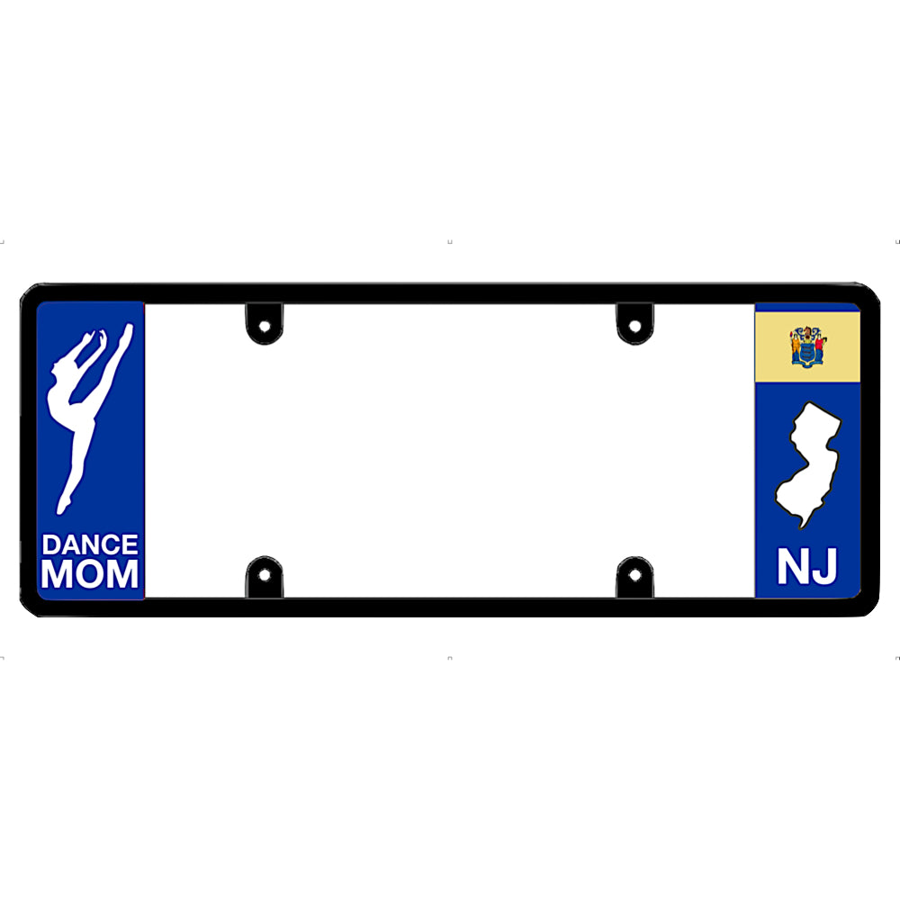 License plate frame with 'Dance Mom' and New Jersey state symbols on a white background
