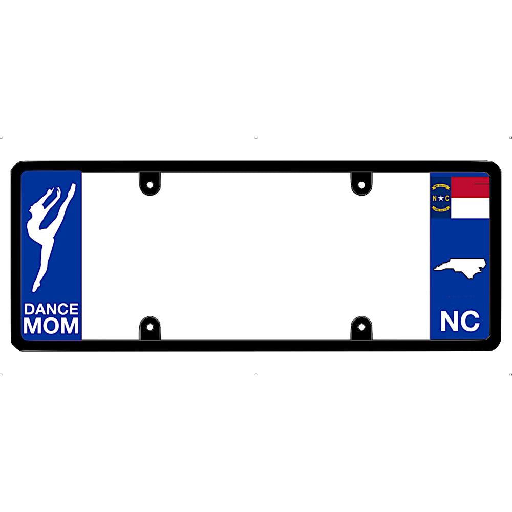 License plate frame with 'Dance Mom' and North Carolina state symbols on a white background