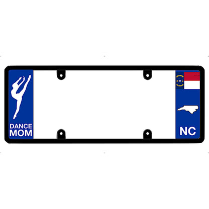License plate frame with 'Dance Mom' and North Carolina state symbols on a white background
