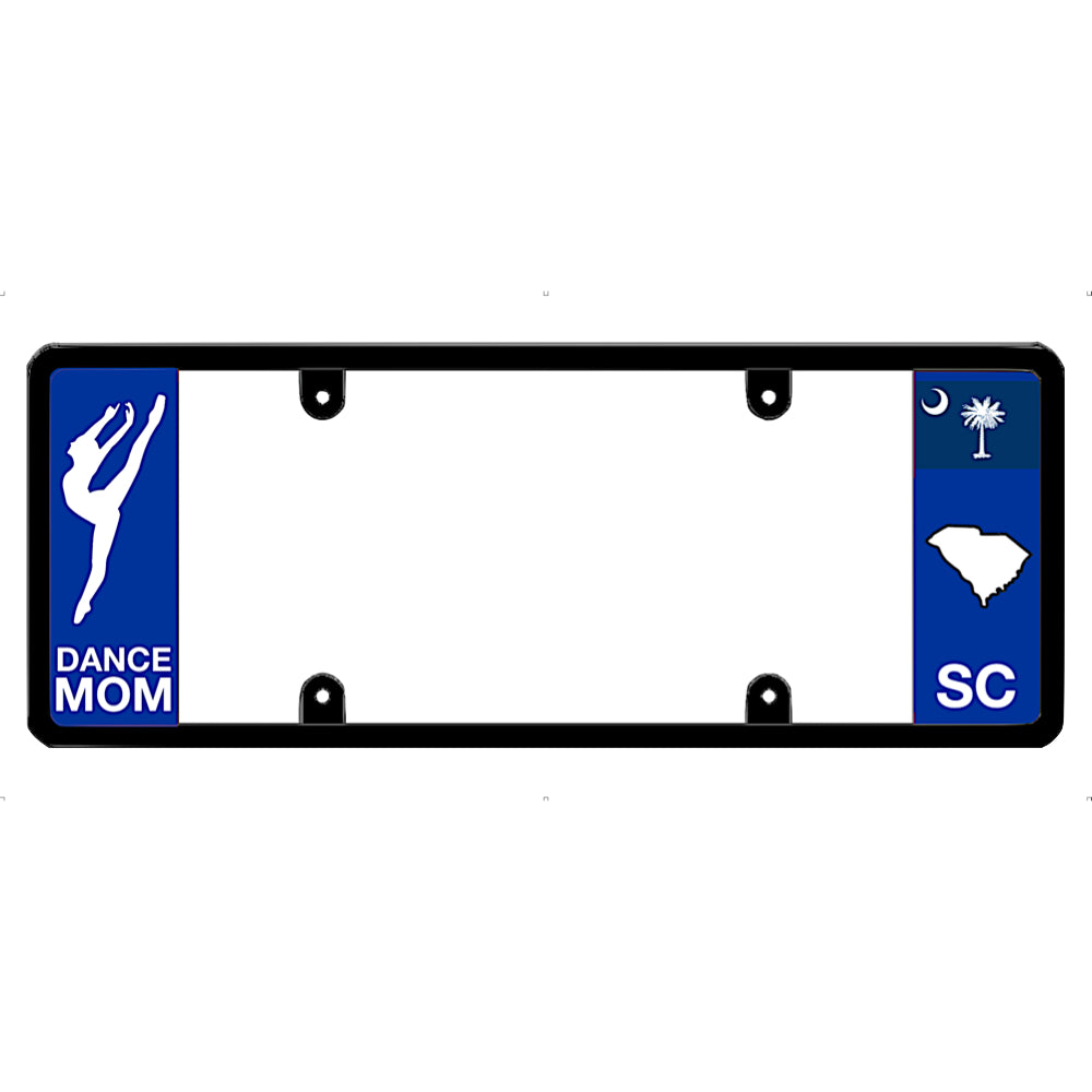 License plate frame with 'Dance Mom' and South Carolina state symbols on a white background