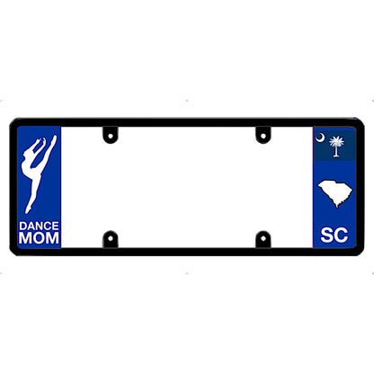 License plate frame with 'Dance Mom' and South Carolina state symbols on a white background