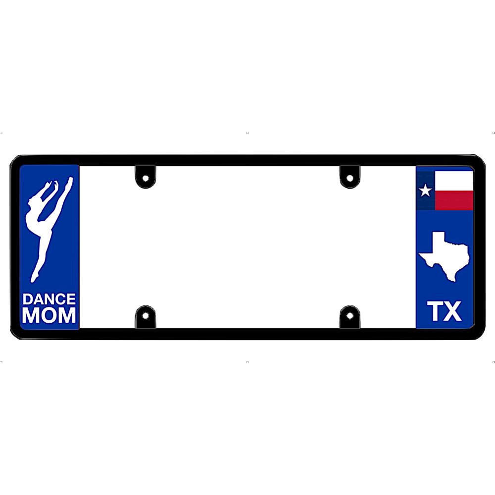 Texas License plate frame with 'Dance Mom' and Texas state design on a white background