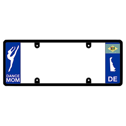 A dance mom themed black elongated Delaware license plate frame showing a dancer silhouette and a blue DE panel by DFS Brands.
