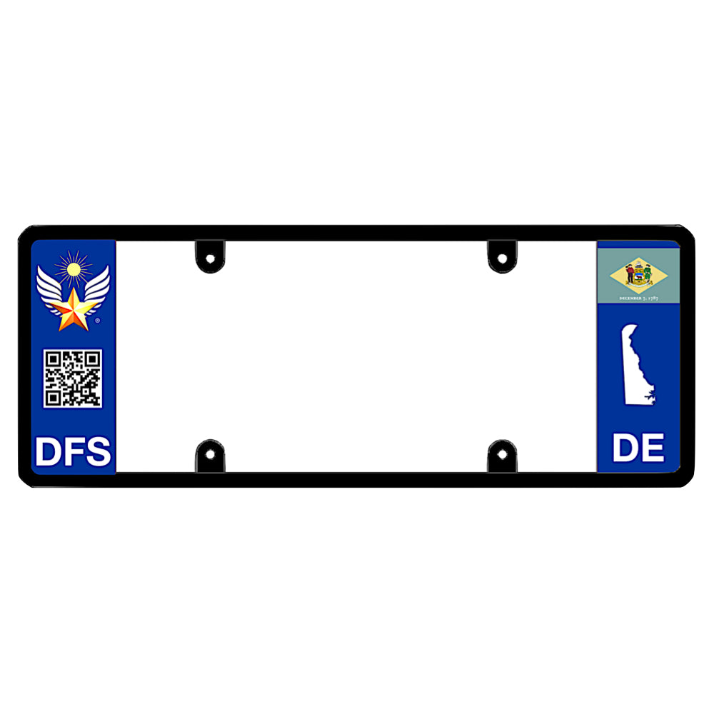 Official DFS Brands patented Delaware license plate frame with a scan QR code and a blue DE logo side wing.