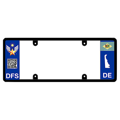 Official DFS Brands patented Delaware license plate frame with a scan QR code and a blue DE logo side wing.