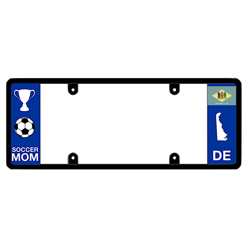 A black elongated Delaware license plate frame featuring a soccer mom theme and a blue DE side panel by DFS Brands.