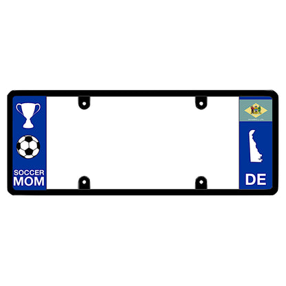 A black elongated Delaware license plate frame featuring a soccer mom theme and a blue DE side panel by DFS Brands.