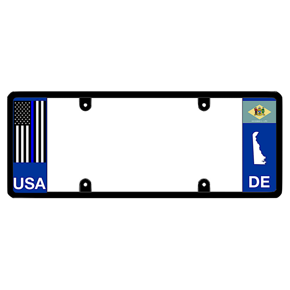 A black elongated Delaware license plate frame with a thin blue line flag and printed DE text by DFS Brands.