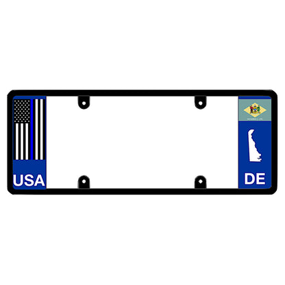A black elongated Delaware license plate frame with a thin blue line flag and printed DE text by DFS Brands.