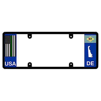 A black elongated Delaware license plate holder with a tactical thin green line flag and printed DE graphics by DFS Brands.