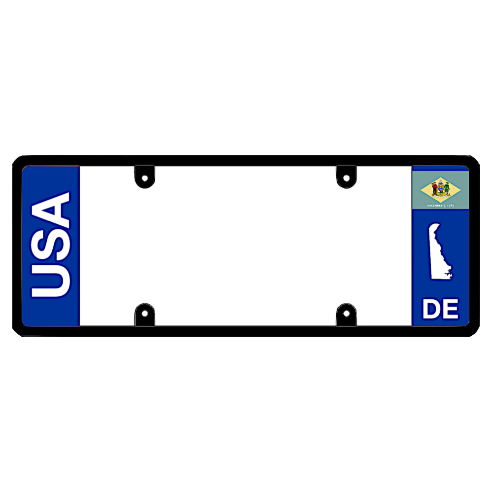 A black elongated Delaware license plate frame featuring clean bold vertical USA and DE text panels by DFS Brands.