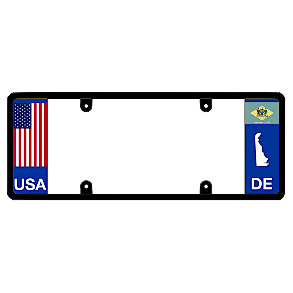 A black elongated Delaware license plate frame with a USA flag design and a white DE state map outline by DFS Brands.