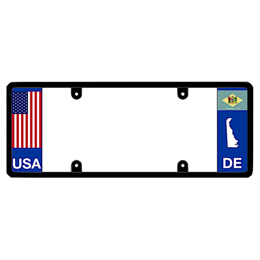 A black elongated Delaware license plate frame with a USA flag design and a white DE state map outline by DFS Brands.