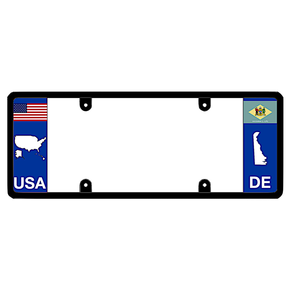 A black elongated Delaware car tag holder showcasing a USA map graphic and a white DE state silhouette by DFS Brands.