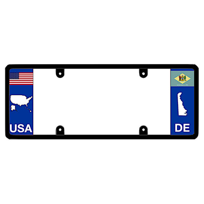A black elongated Delaware car tag holder showcasing a USA map graphic and a white DE state silhouette by DFS Brands.