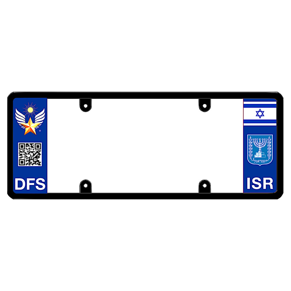 Bilateral license plate frame featuring the blue and gold DFS brand logo above a scannable QR code and white DFS lettering on the left panel, paired with the Israel flag above a white Israeli Menorah coat of arms emblem and ISR lettering on the right blue panel. DFS Official license frame of America
