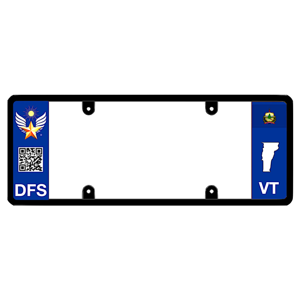 Official DFS Brands patented Vermont license plate frame featuring a star wings sun logo and scan QR code.
