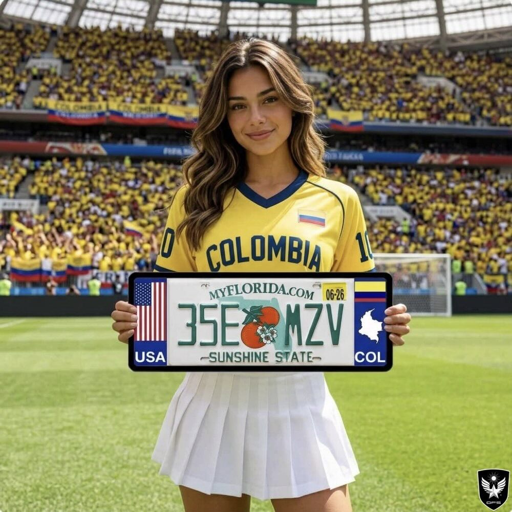 A DFS patented Colombia COL license plate frame holder on a custom Florida sunshine state license plate, featuring the USA flag on the left and the Colombian flag on the right. A woman in a yellow Colombia jersey holds the custom vehicle accessory inside a packed soccer stadium