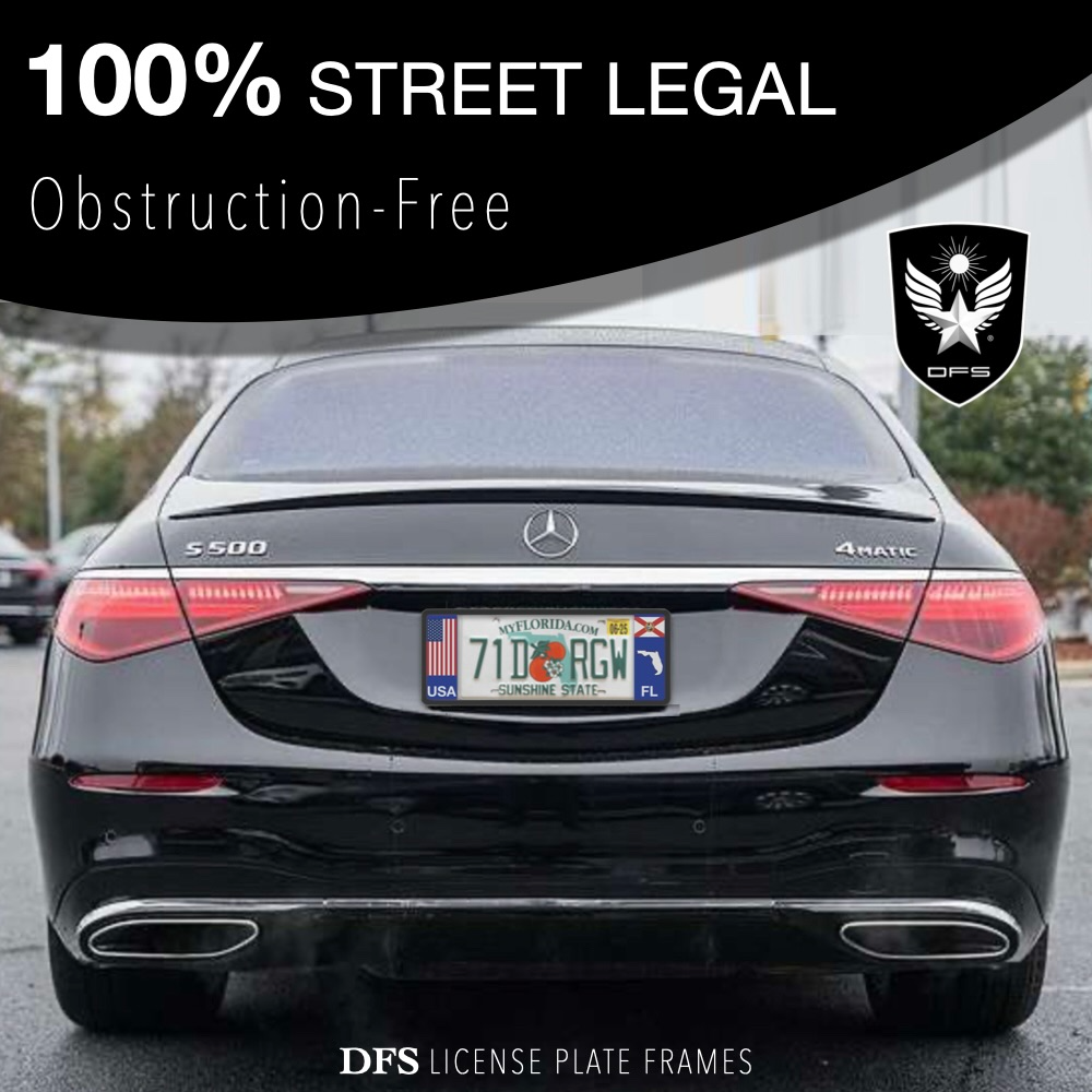 Black Mercedes with DFS official license frame of America choosing international countries or states options to drive your identity by DFSbrands.com