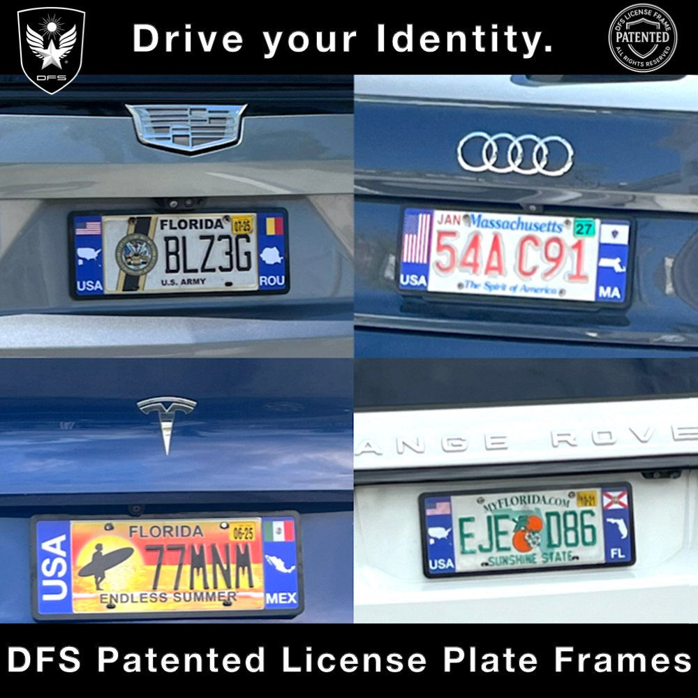 Collage showing DFS Patented license plate frames mounted on different car: Cadillac, Audi, Tesla, and Range Rover. 
It shows true size and it give the cars upscale style.
