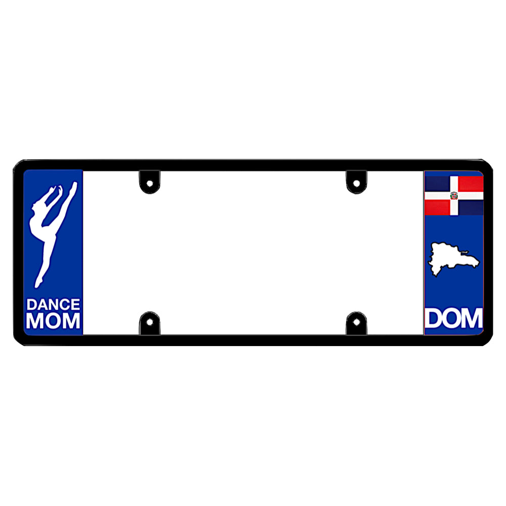 Black license plate frame featuring a white dancer silhouette above white Dance Mom lettering on the left blue panel, and a Dominican Republic flag above a white island map outline and DOM lettering on the right blue panel patented by DFS